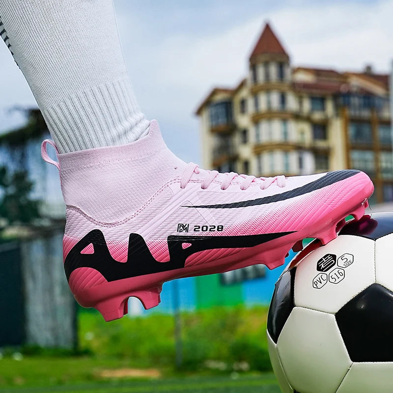Zapatos de fútbol rosas a la moda para hombre, botas de fútbol ligeras profesionales con calcetín, zapatillas de fútbol originales antideslizantes para exteriores