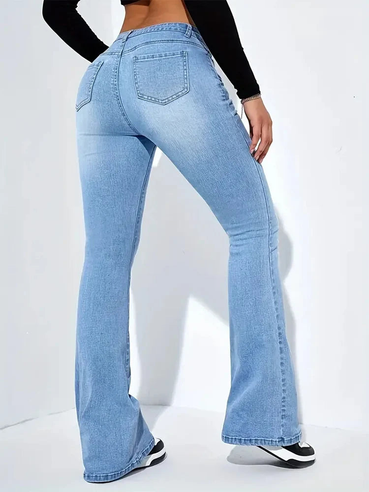 Pantalones vaqueros elásticos acampanados con bigote para mujer, pantalones vaqueros grises de cintura alta con parte inferior acampanada, pantalones largos Punk clásicos Y2K para mujer