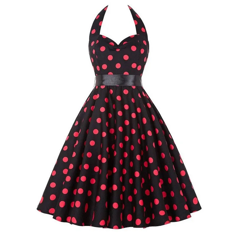 Elegante Vestido de Mujer con Estampado de Puntos, Estilo Hepburn de los Años 50 y 60, Vestido Vintage Sexy con Cuello Halter, Estilo Rockabilly Retro para Fiesta u Oficina, Vestido Pinup 2026