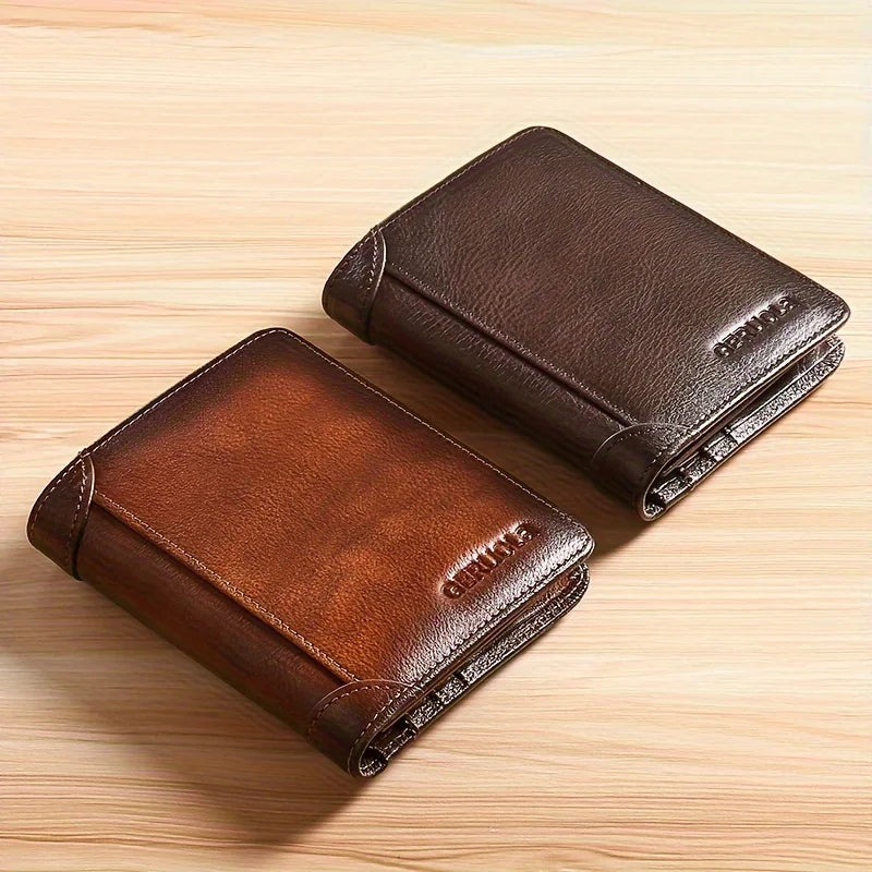 GERUOLA Cartera delgada de cuero genuino con protección RFID para hombre, tarjetero multifuncional para identificación y tarjeta de crédito, color marrón oscuro con adornos