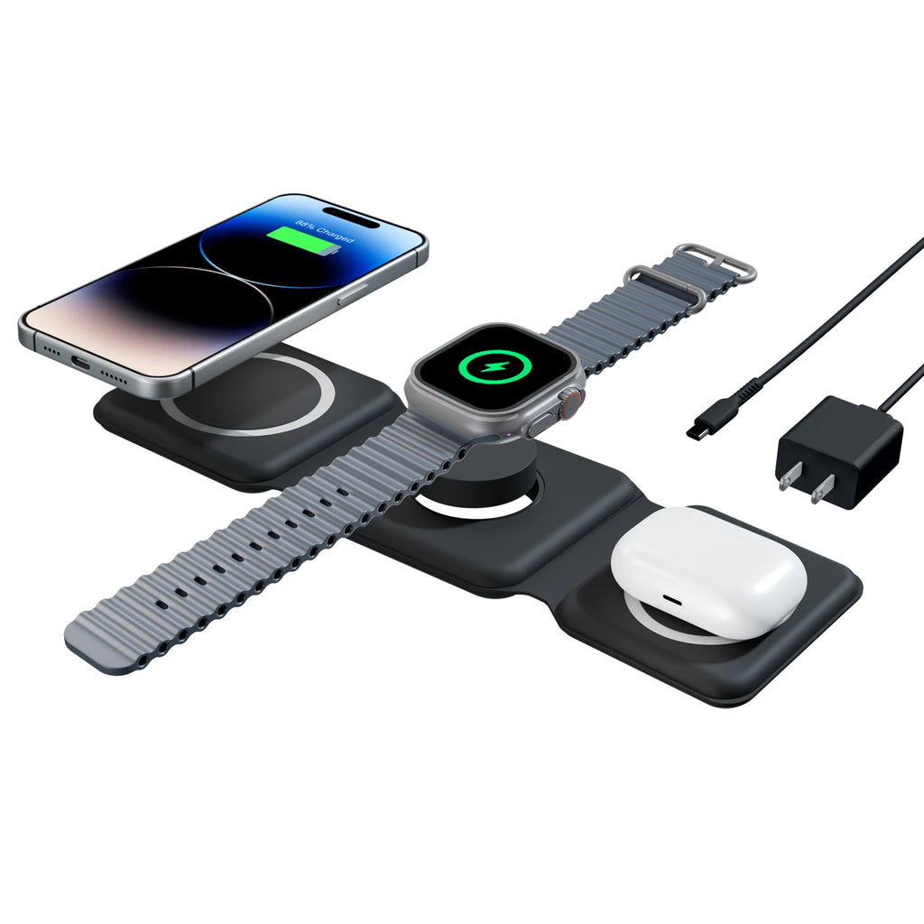 Cargadores inalámbricos magnéticos de 15W, base de carga plegable 3 en 1 para teléfono, carga rápida de viaje para Apple Watch IPhone 14/13/12/11/X AirPods