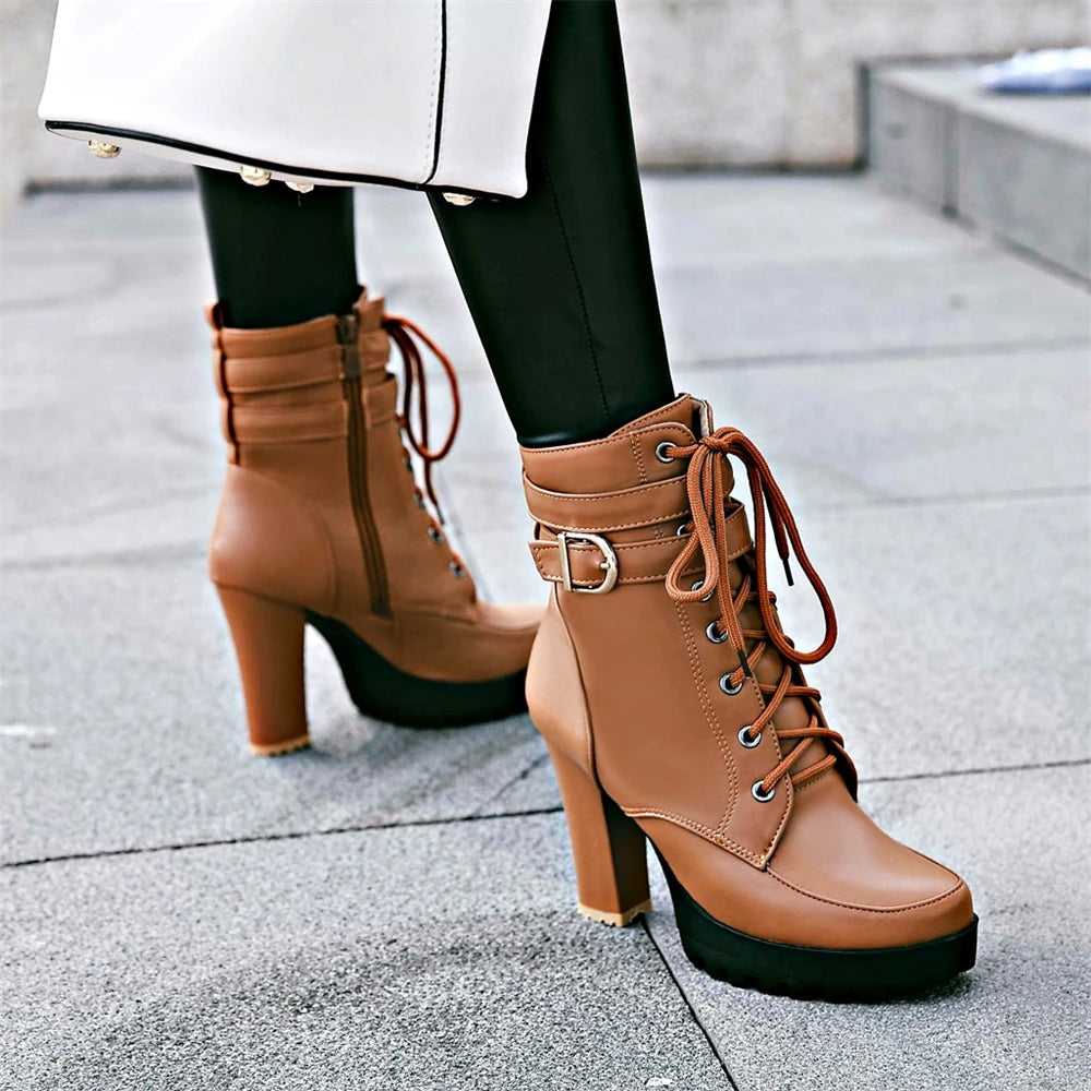 Zapatos de mujer Botas de moto Otoño Invierno Botas de mujer 2025 Botas de tobillo elegantes para mujer Plataformas de tacón alto Botas sexis con hebilla blanca