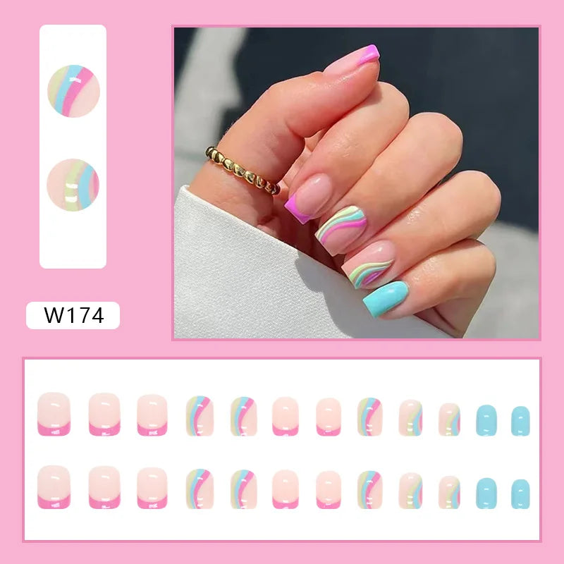 Dulce francés 24 Uds. De uñas postizas degradadas rosas, manicura de dedos artificiales brillantes, uñas postizas reutilizables para mujeres