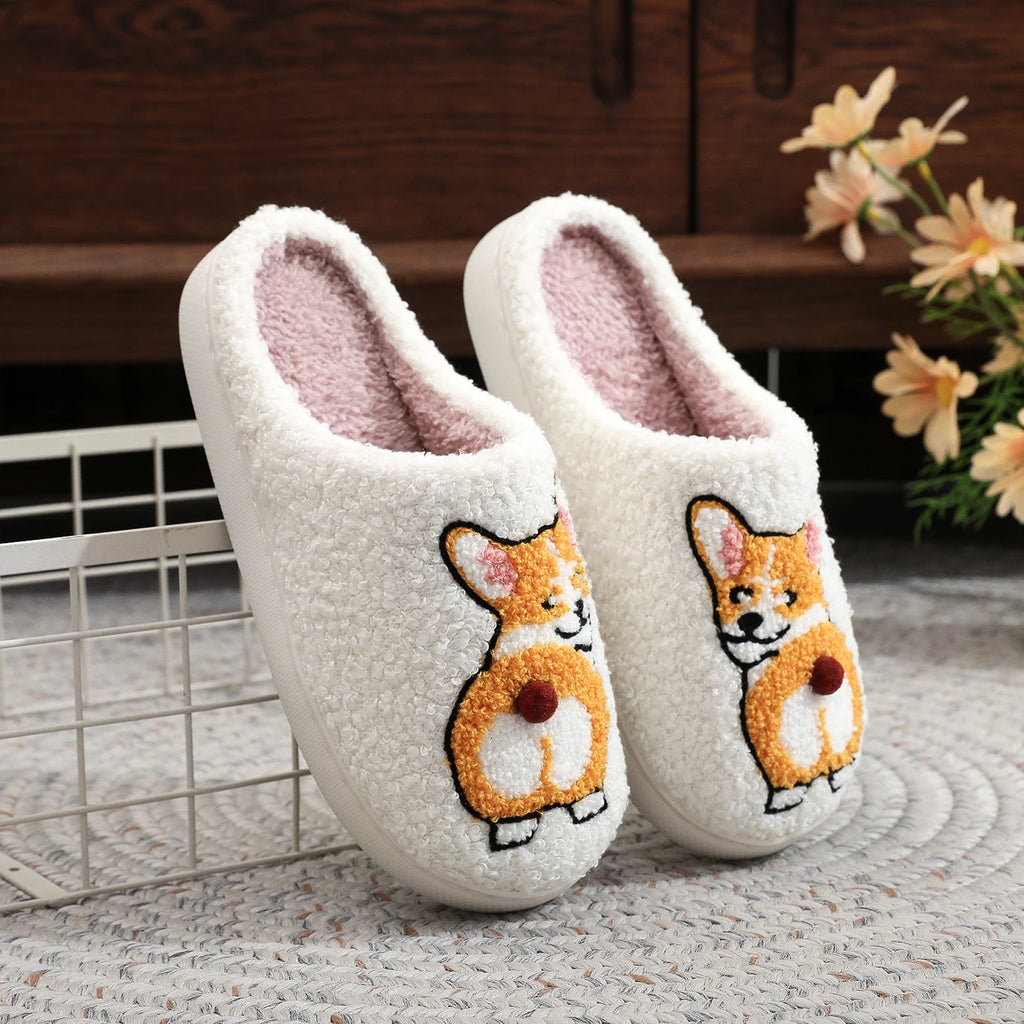 Pantuflas de algodón afelpadas y cómodas con suela gruesa, bordadas con patrón de perro Corgi, cálidas, antideslizantes, para interiores, regalo para amantes de los perros, unisex