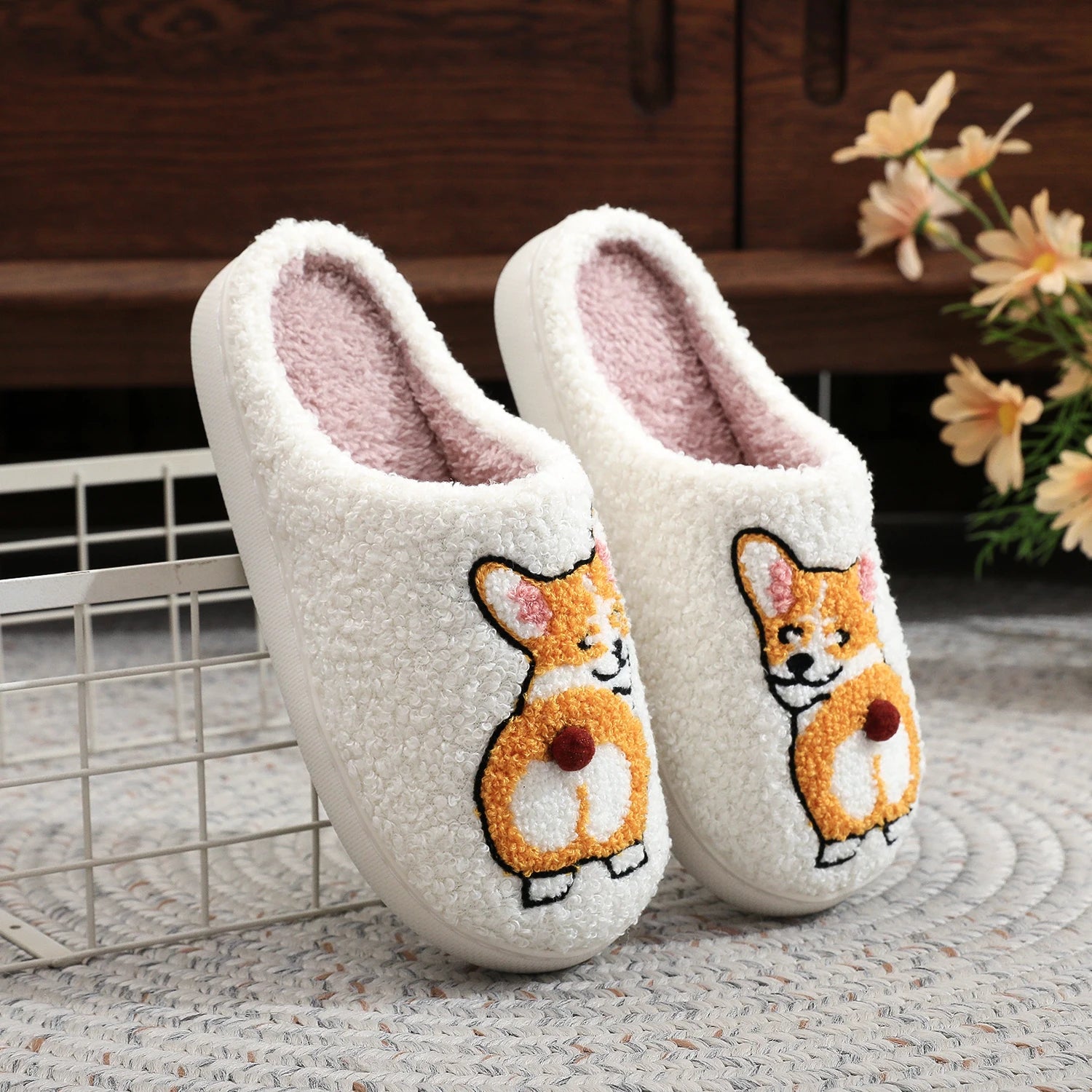 Pantuflas de algodón afelpadas y cómodas con suela gruesa, bordadas con patrón de perro Corgi, cálidas, antideslizantes, para interiores, regalo para amantes de los perros, unisex