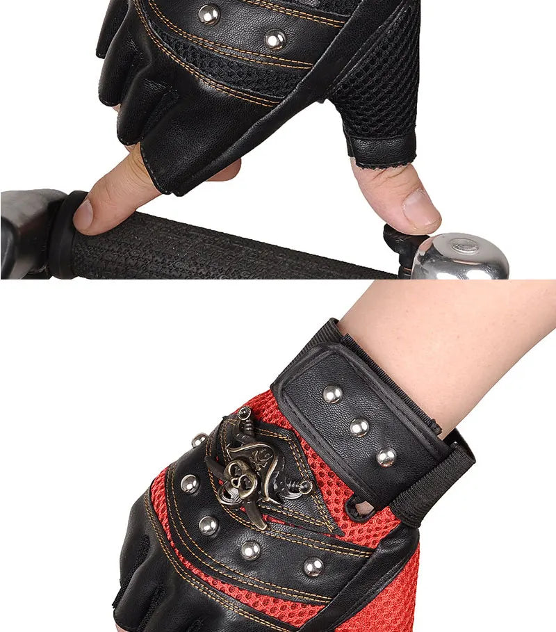 Guantes sin dedos de cuero PU de capitán pirata para hombre y mujer, manoplas con remaches de calaveras, guantes de gimnasio de Hip Hop, guantes de medio dedo para Moto femenina