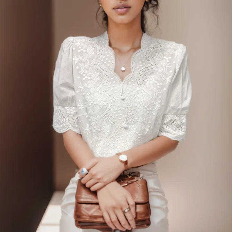 Blusa de Lino y Algodón con Mangas Abullonadas Bordadas para Mujer, Verano 2026, Estilo Casual, Color Blanco, con Aberturas, Camisa de Manga Corta