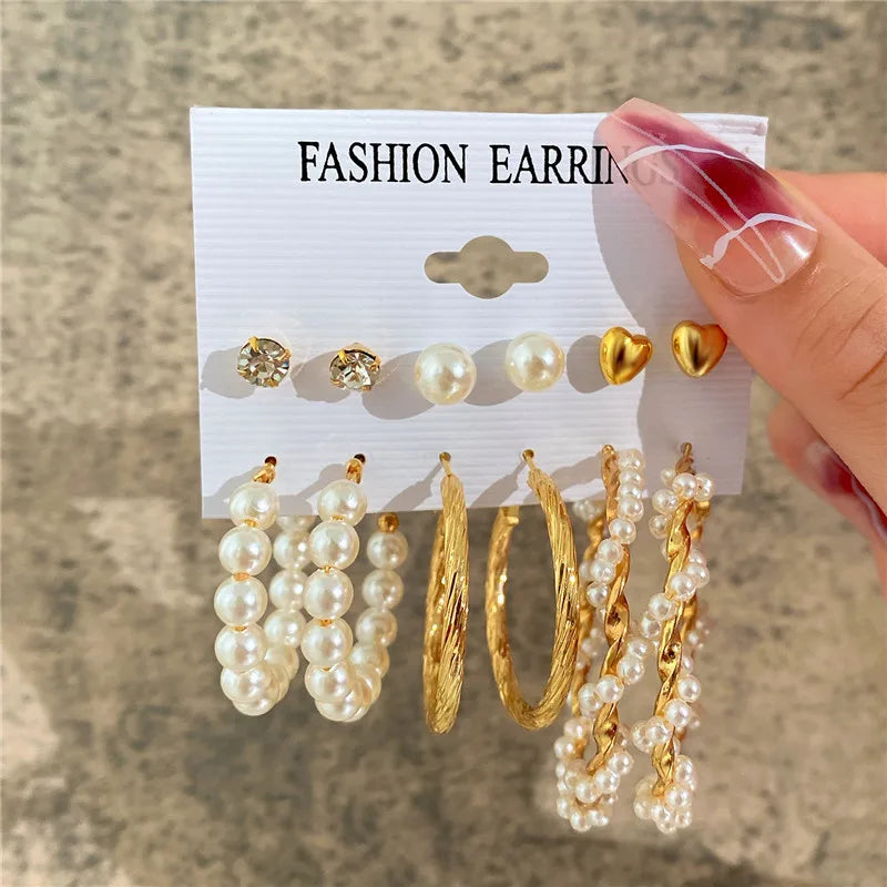 Conjunto de pendientes de aro bohemios de círculo grande para mujer, pendiente de perla Vintage bohemio de Color dorado, pendientes de circonita con forma de corazón, regalos de joyería