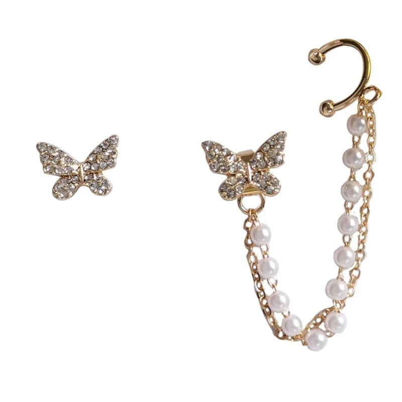 Pendientes de tuerca de mariposa con diamantes de imitación para mujer y niña, joyería de cadena de Metal, regalos