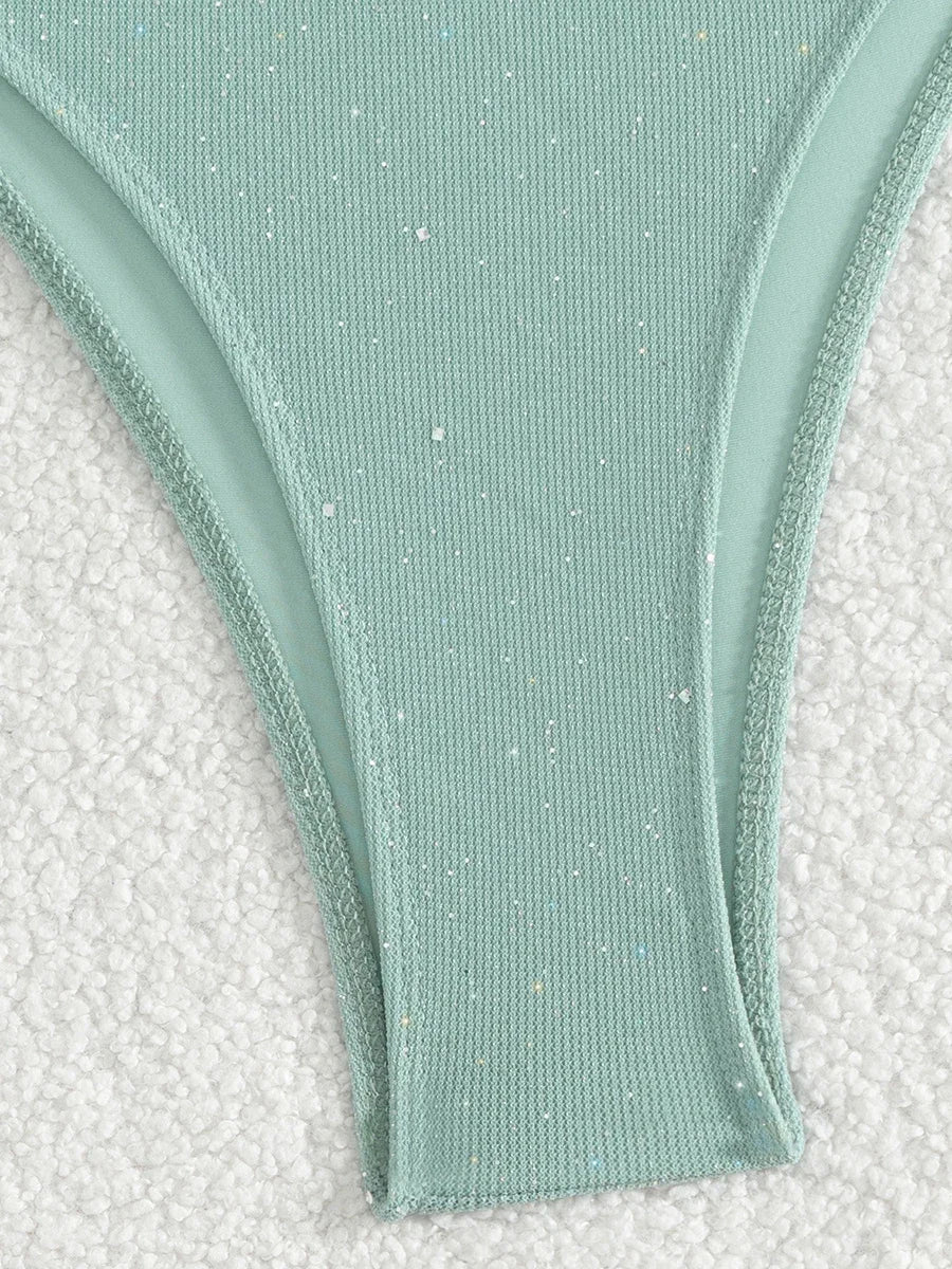 Bikini brillante con tiras y cuello Halter, Bikinis de corte alto para mujer, traje de baño para mujer, conjunto de Bikini de dos piezas, traje de baño 2025