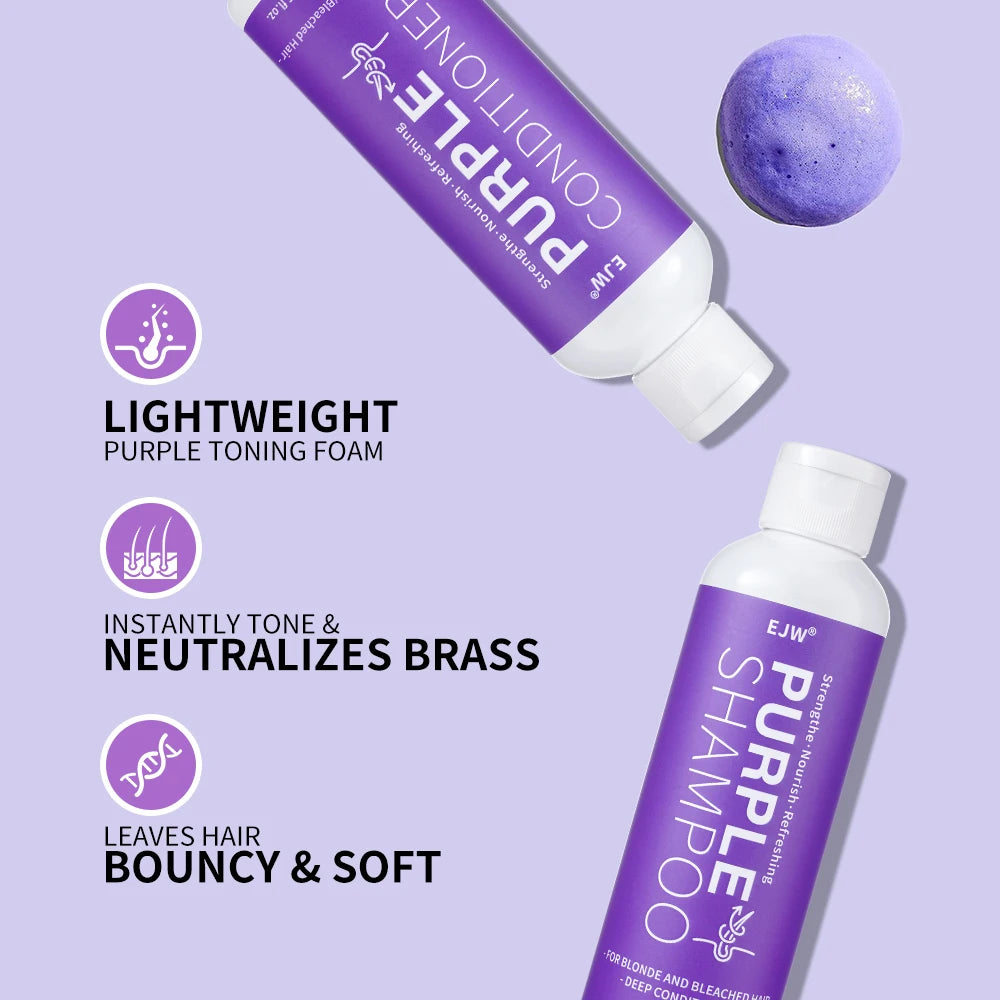 Set Champú y Acondicionador Morado para Rubio, Gris - Cabello Color Tratado - Infusido con Aceite de Cocos Nucifera para Rizado y Danificado