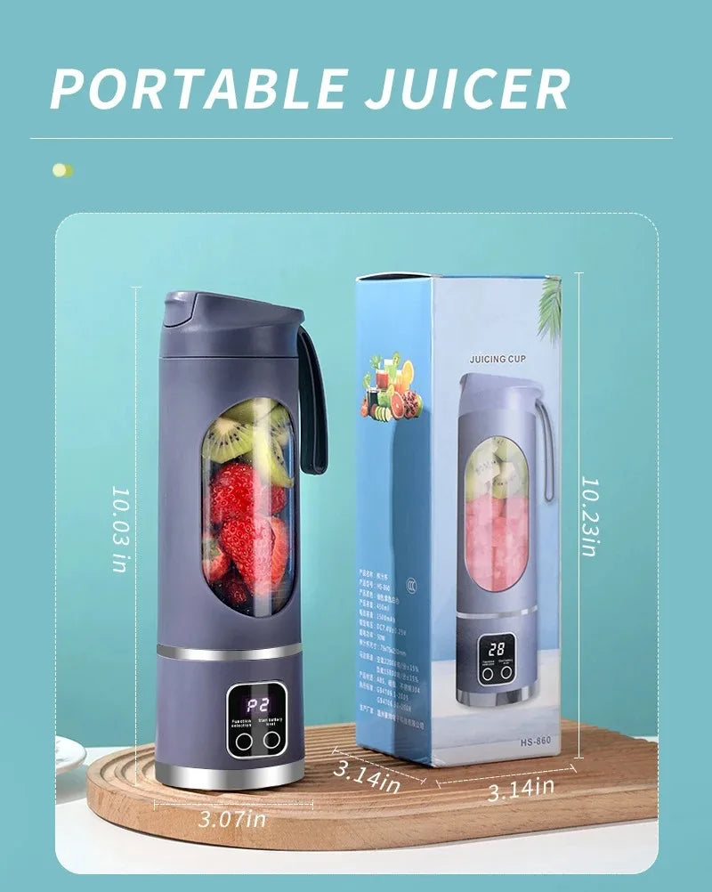 Exprimidor de frutas portátil de 10 hojas, capacidad de 450ml, 3 engranajes, licuadora recargable por USB, trituradora de hielo para batidos y batidos, taza exprimidora