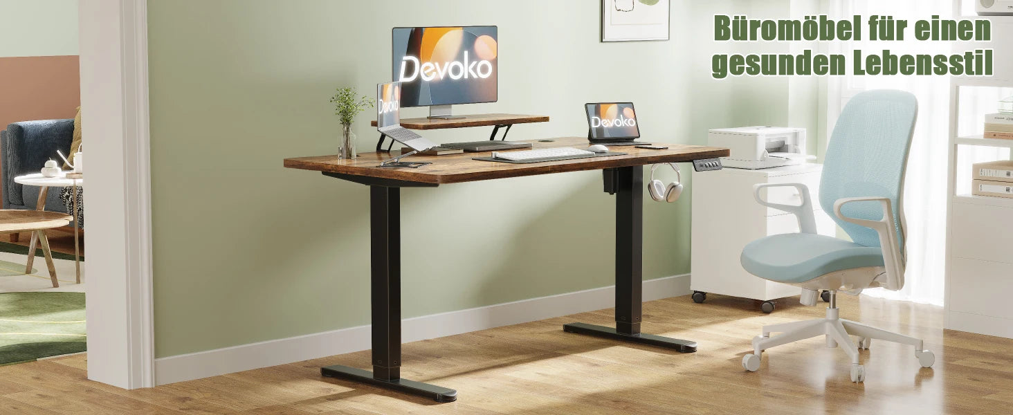 Devoko Escritorio eléctrico de altura ajustable 120 × 60 cm con soporte para monitor Asiento ergonómico Escritorio de pie (blanco)