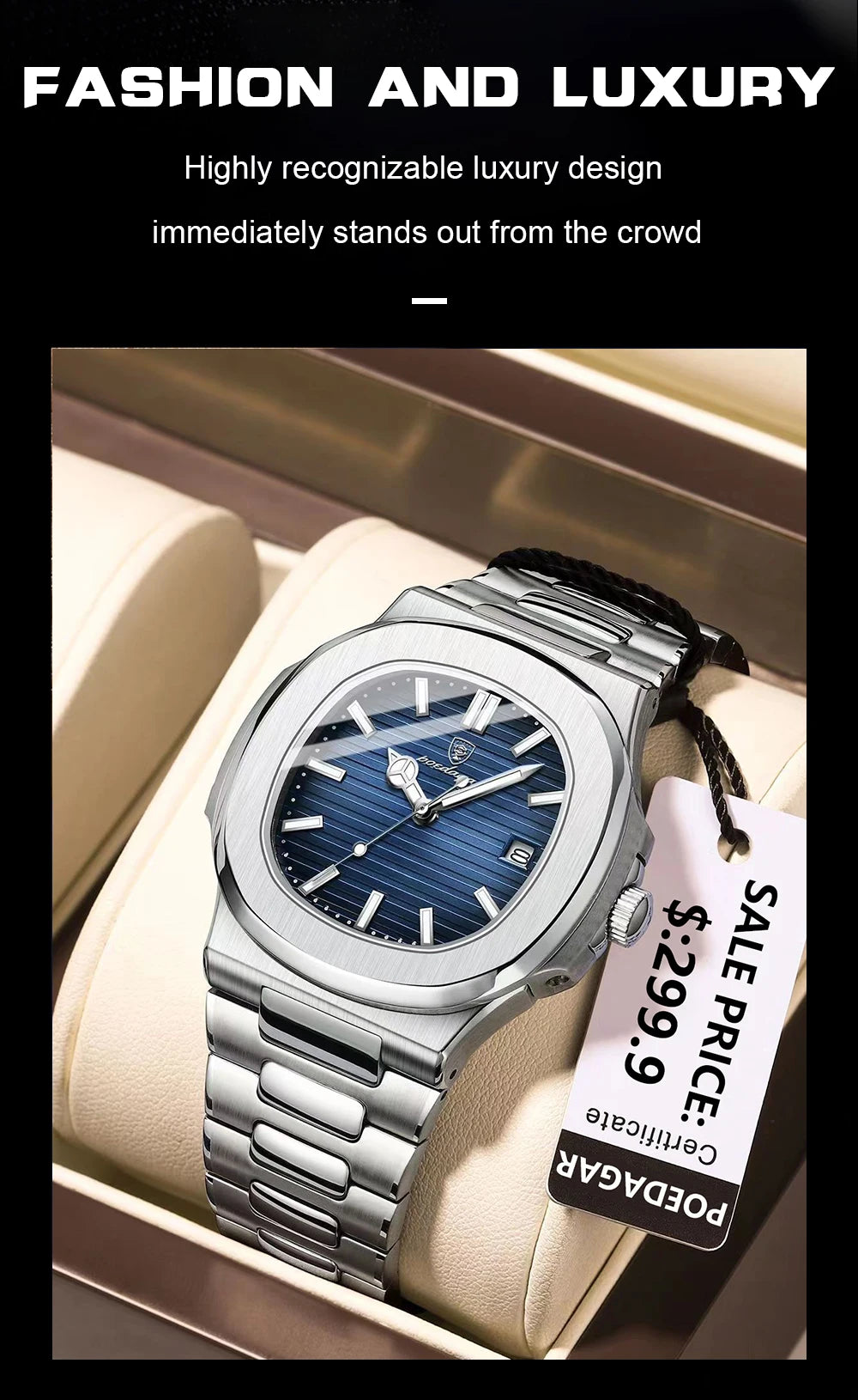 Reloj de pulsera cuadrado de lujo POEDAGAR para hombre, resistente al agua, luminoso, con fecha, de acero inoxidable, deportivo, de cuarzo, para hombre.