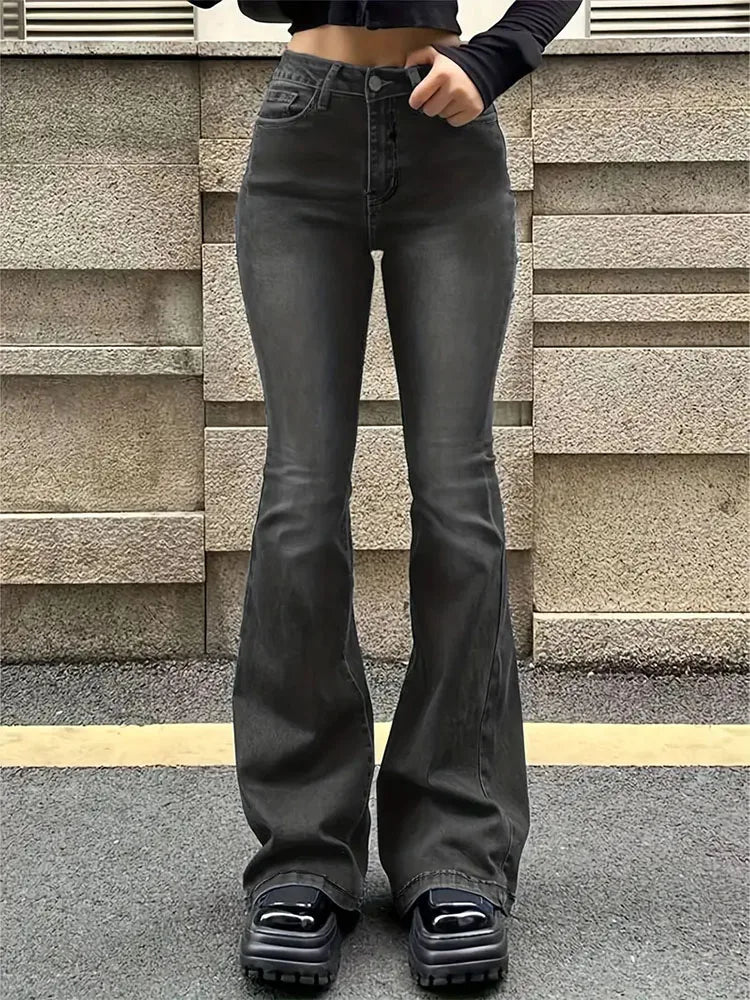 Pantalones vaqueros elásticos acampanados con bigote para mujer, pantalones vaqueros grises de cintura alta con parte inferior acampanada, pantalones largos Punk clásicos Y2K para mujer