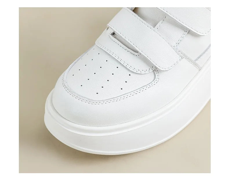 DRKANOL, zapatos de plataforma con suela gruesa y aumento de altura, zapatillas informales de cuero genuino para mujer, zapatos de tabla con gancho y bucle para mujer, color blanco