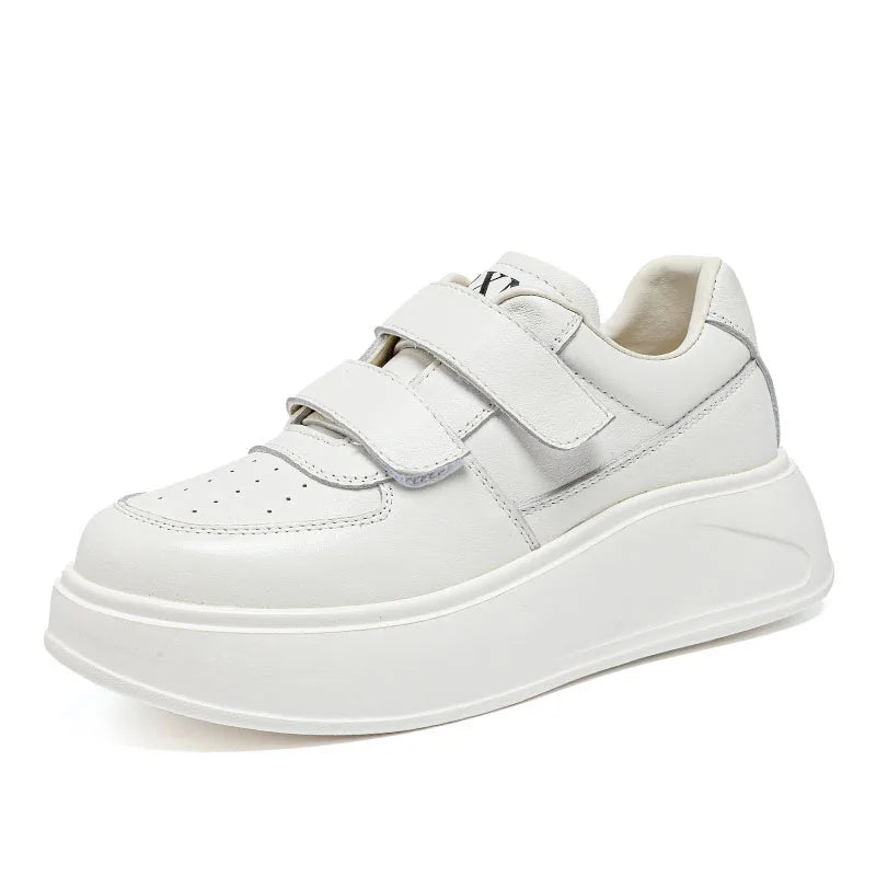 DRKANOL, zapatos de plataforma con suela gruesa y aumento de altura, zapatillas informales de cuero genuino para mujer, zapatos de tabla con gancho y bucle para mujer, color blanco