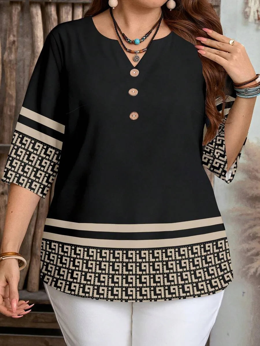 Camisa de manga corta de ocio con botón frontal y patrón retro para mujer de talla grande primavera/verano/otoño traje esencial de verano
