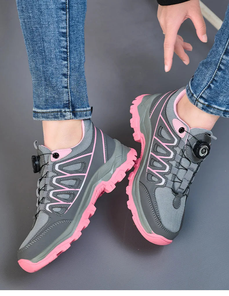 Zapatos de seguridad para el trabajo para mujer, zapatillas de trabajo con punta de acero, botón giratorio, transpirables, antideslizantes, protección a prueba de pinchazos, botas de seguridad rosas