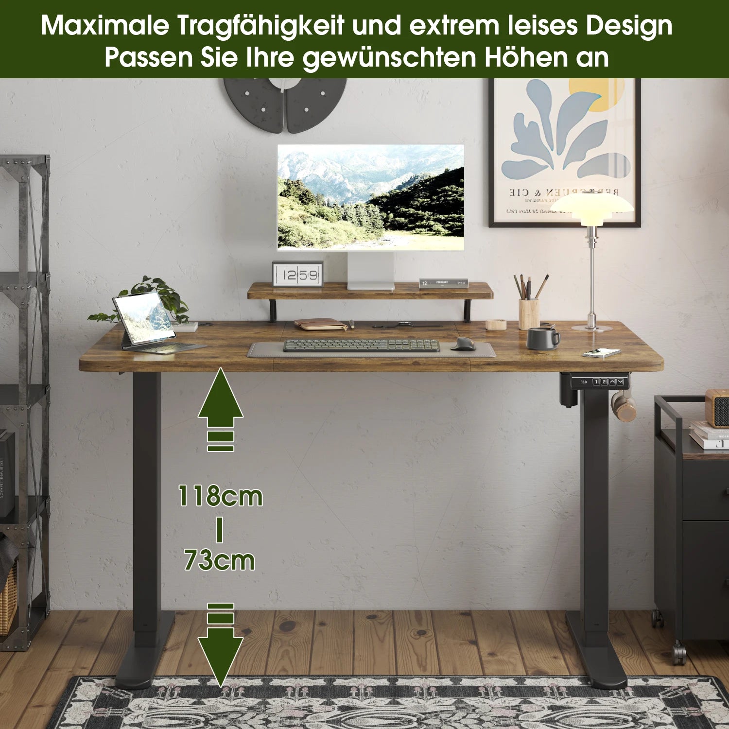 Devoko Escritorio eléctrico de altura ajustable 120 × 60 cm con soporte para monitor Asiento ergonómico Escritorio de pie (blanco)