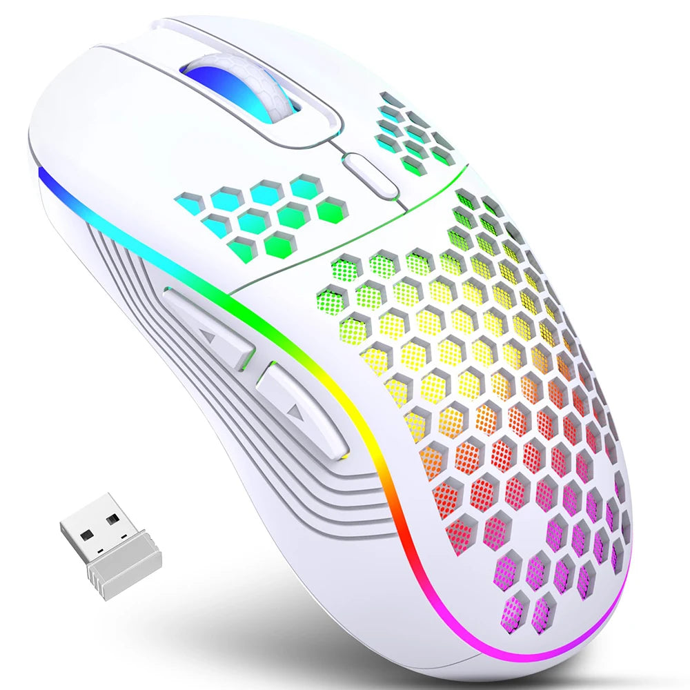 Ratón inalámbrico RGB 2,4G para juegos, ratón de carga con iluminación RGB y diseño ergonómico de panal de DPI ajustable para ordenador portátil de escritorio