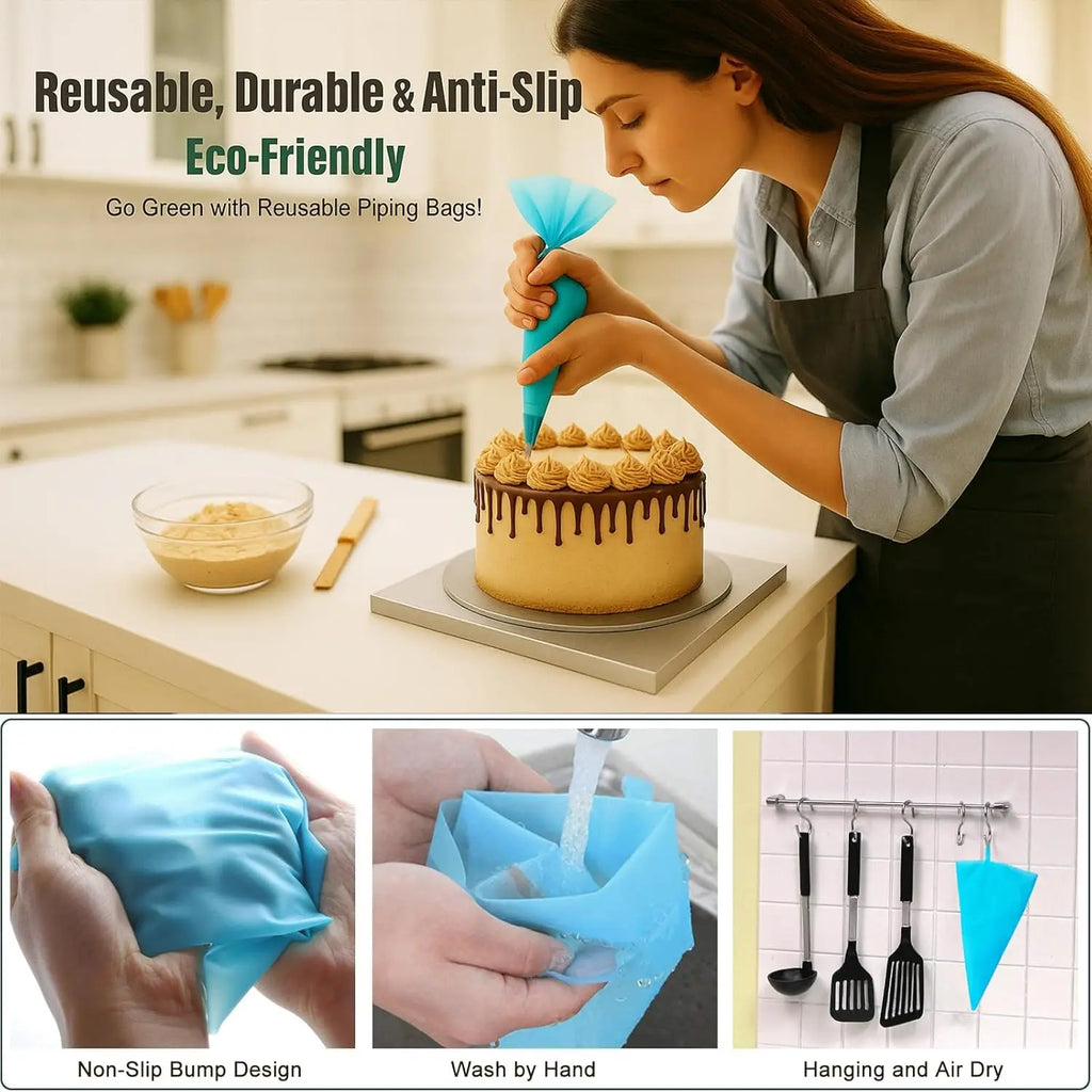Juego de tuberías reutilizables: 2 bolsas, 12 puntas, acopladores, anillos y raspadores para decoración de pasteles, cupcakes y galletas.