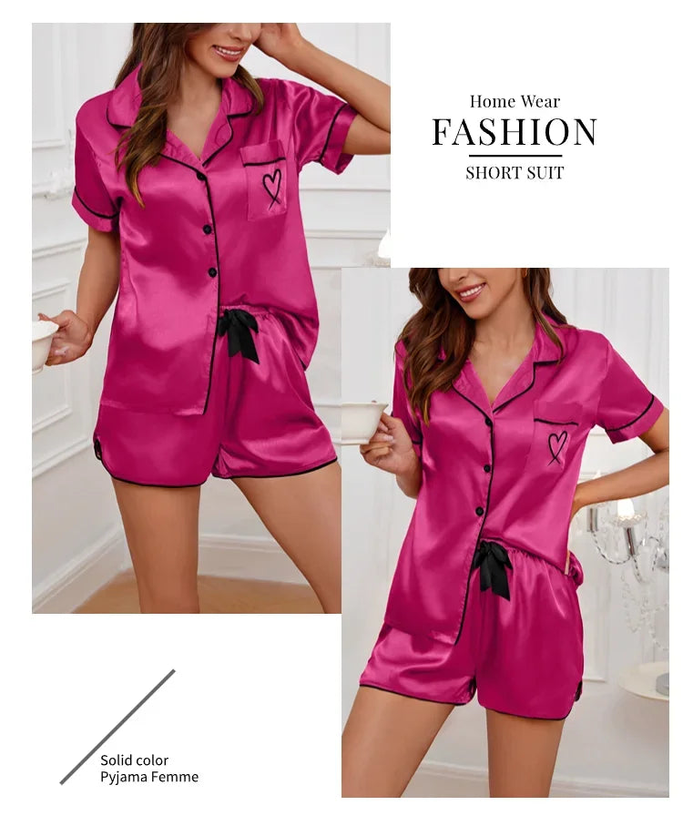 Conjunto de pijama para mujer, ropa de dormir con bolsillo bordado en forma de corazón, Top y pantalones cortos de manga corta con botones, pijama, ropa para el hogar