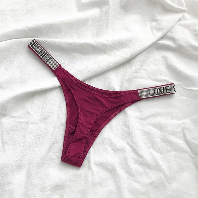 Tangas sexis de cintura baja para mujer, bragas con diamantes de imitación y letras, Tanga deportiva, pantalones cortos, calzoncillos con espalda en T, talla S-XL para Fitness