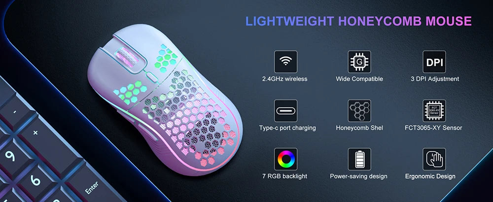 Ratón inalámbrico RGB 2,4G para juegos, ratón de carga con iluminación RGB y diseño ergonómico de panal de DPI ajustable para ordenador portátil de escritorio