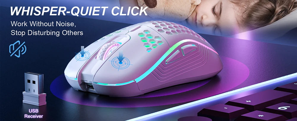 Ratón inalámbrico RGB 2,4G para juegos, ratón de carga con iluminación RGB y diseño ergonómico de panal de DPI ajustable para ordenador portátil de escritorio