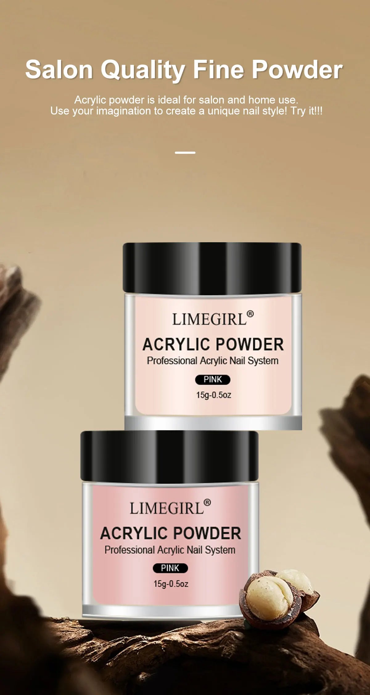 LIMEGIRL-polvo acrílico para uñas, 5 colores, profesional, rosa, claro, blanco, polímero desnudo para extensión de uñas, polvo fino de calidad para salón