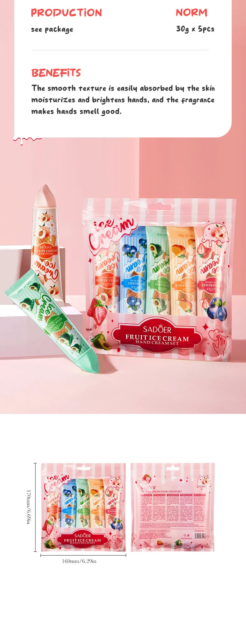 5 unids/set SADOER helado de frutas crema de manos hidratante nutritivo brillo cremas de manos hidratantes productos para el cuidado de la piel