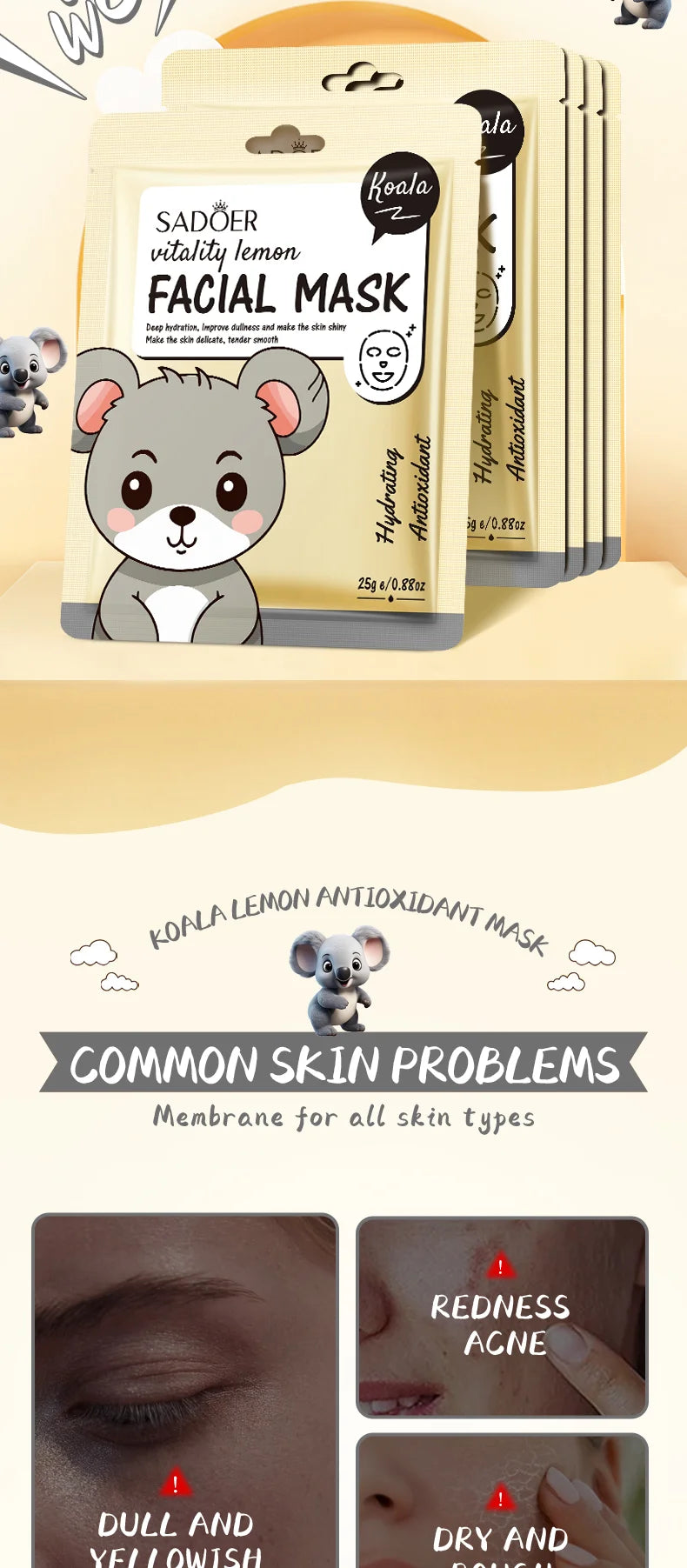 5 uds SADOER dibujos animados frutas frescas máscaras faciales hidratante calmante iluminador mascarilla Facial hidratante para el cuidado de la piel Facial