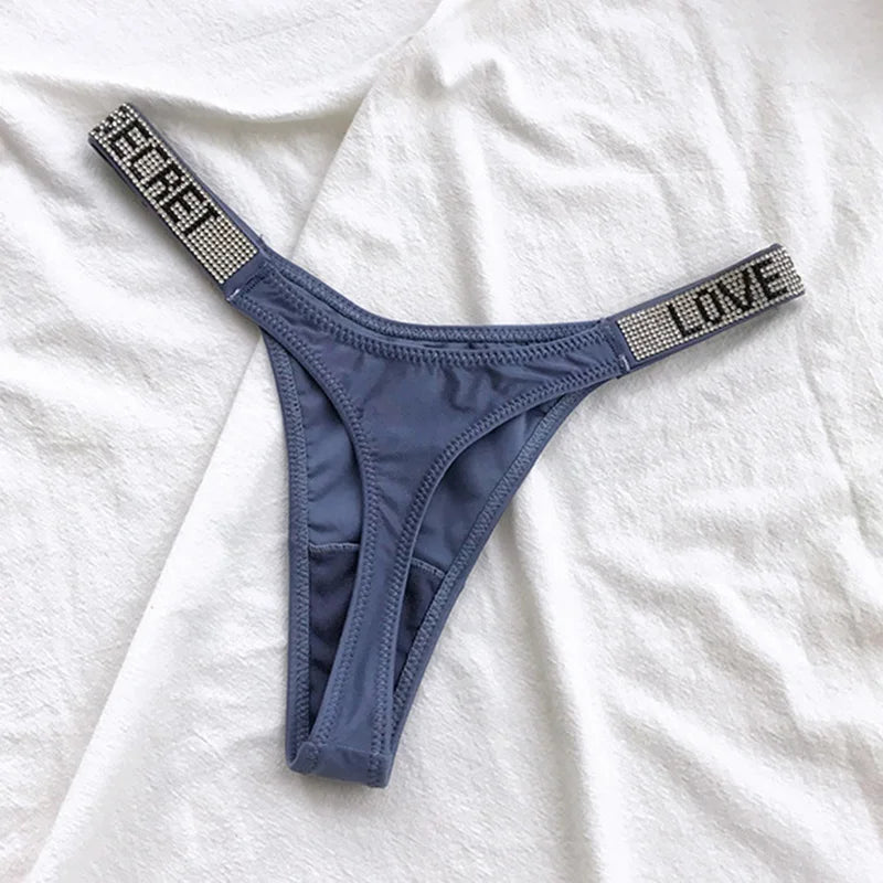 Tangas sexis de cintura baja para mujer, bragas con diamantes de imitación y letras, Tanga deportiva, pantalones cortos, calzoncillos con espalda en T, talla S-XL para Fitness