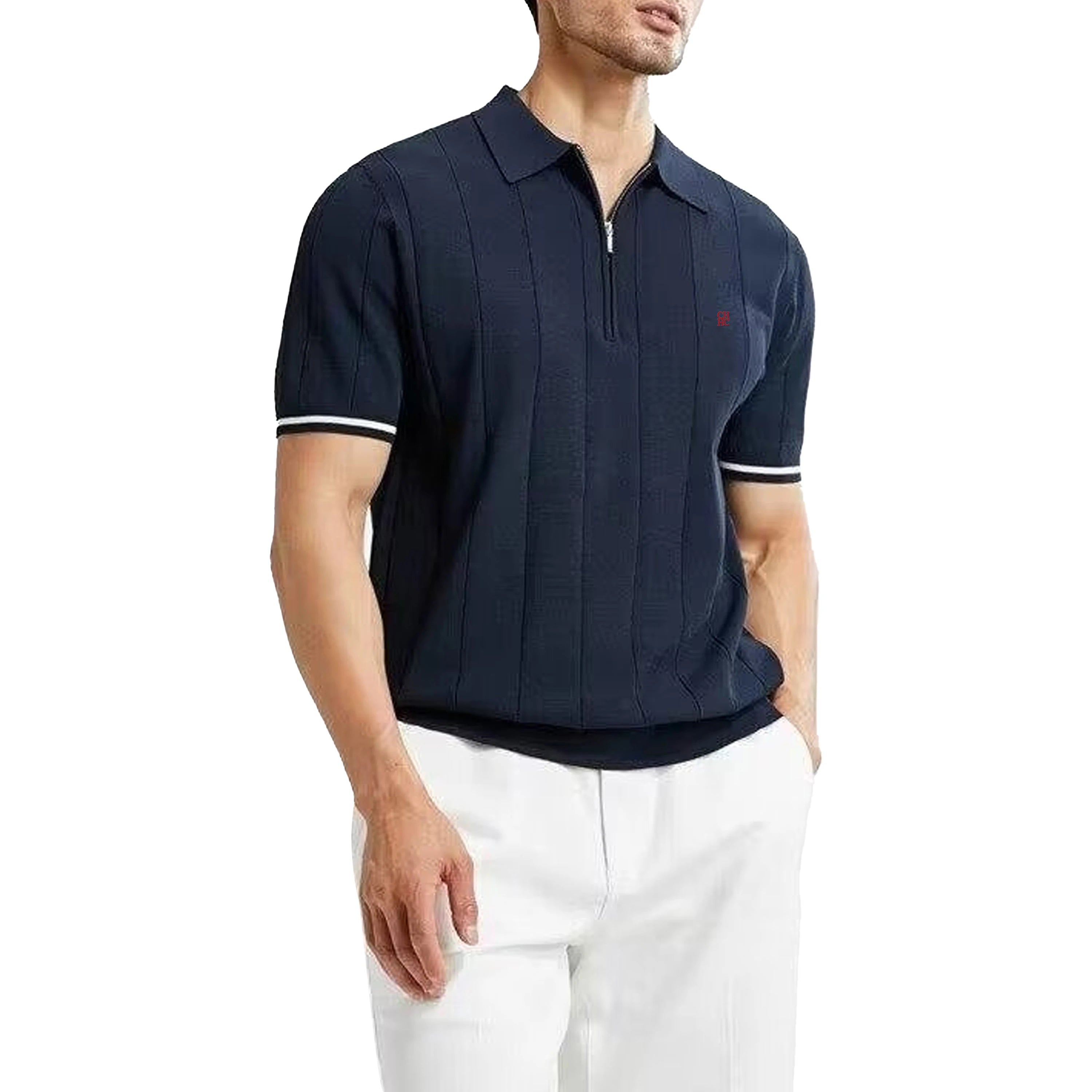 Camiseta Polo de Punto para Hombre CH, con Media Cremallera, Cuello Solapa, Manga Corta, Color Sólido, Casual, de Negocios, Transpirable, para Verano