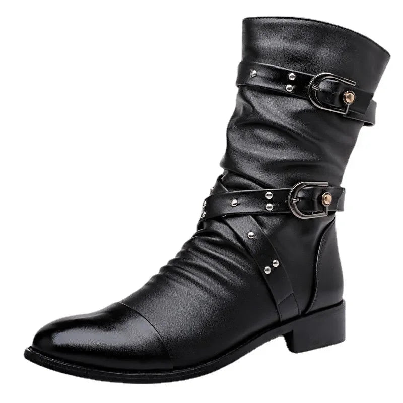 Botas de tubo medio de cuero de alta calidad para hombre, zapatos clásicos de moda para Otoño e Invierno, zapatos Punk Rock negros, informales para hombre y mujer de talla grande 38-48