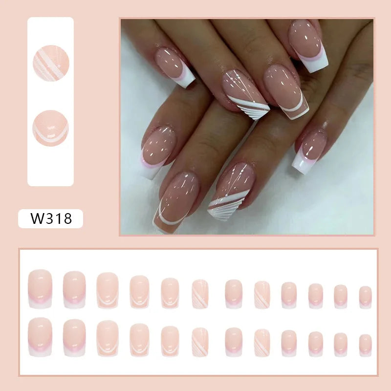 Dulce francés 24 Uds. De uñas postizas degradadas rosas, manicura de dedos artificiales brillantes, uñas postizas reutilizables para mujeres