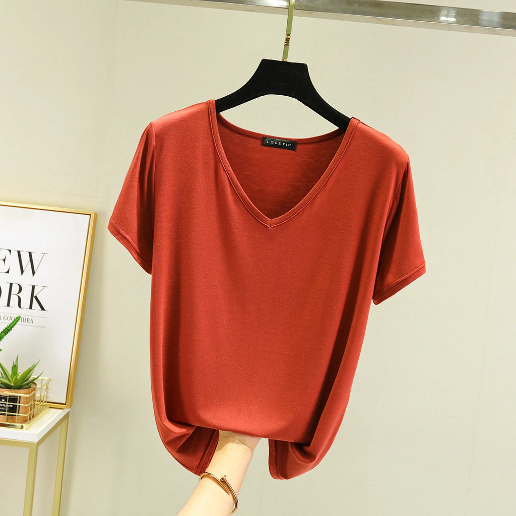 Camiseta de Modal con cuello en V para mujer, camisetas de fondo fino, camisetas holgadas de talla grande, ropa de calle, Top básico
