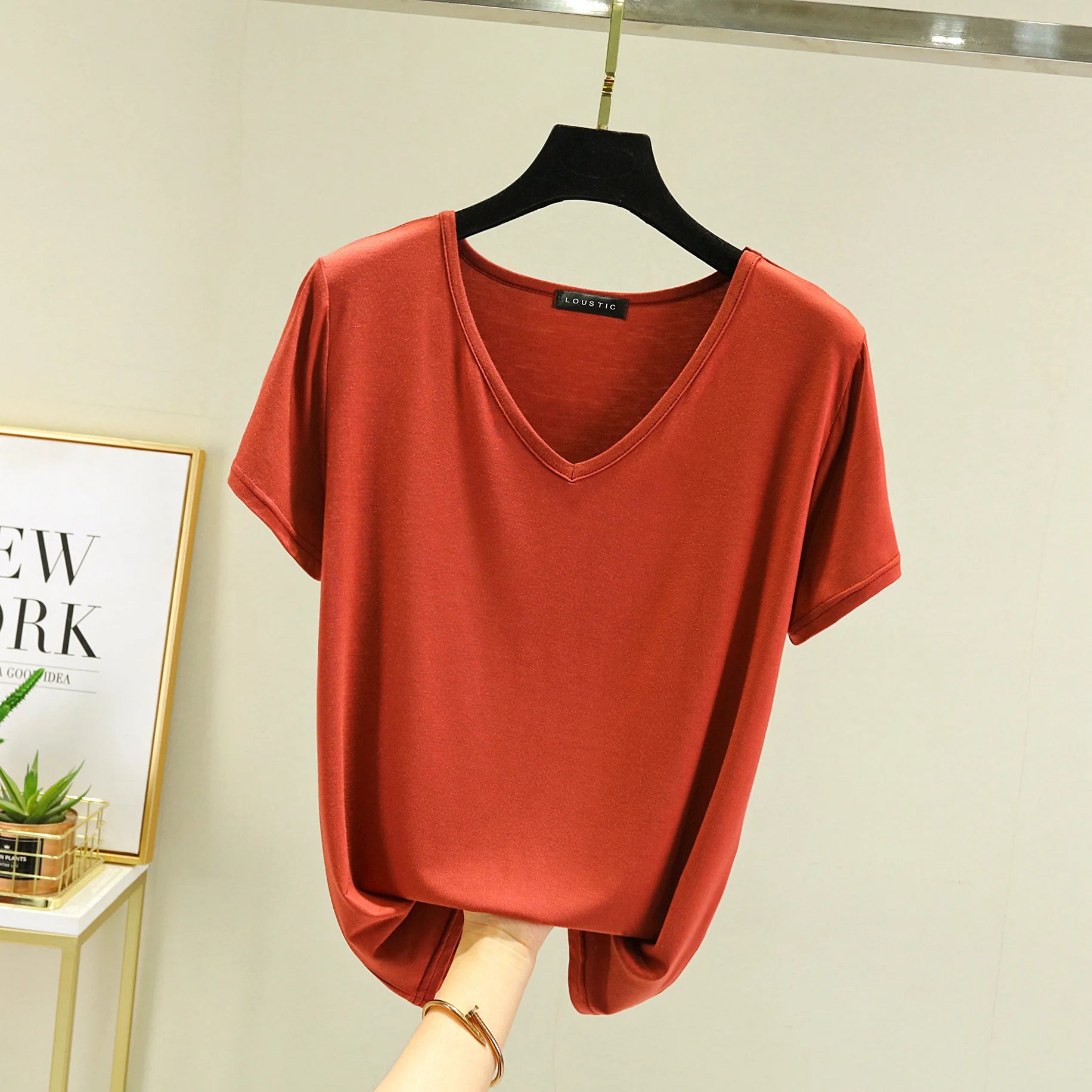Camiseta de Modal con cuello en V para mujer, camisetas de fondo fino, camisetas holgadas de talla grande, ropa de calle, Top básico
