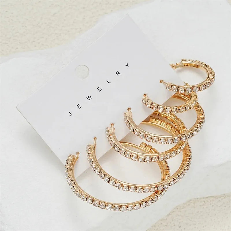 Juego de 1-3 pares de pendientes de aro circulares con diamantes de imitación exagerados y brillantes para mujer, joyería Simple y brillante