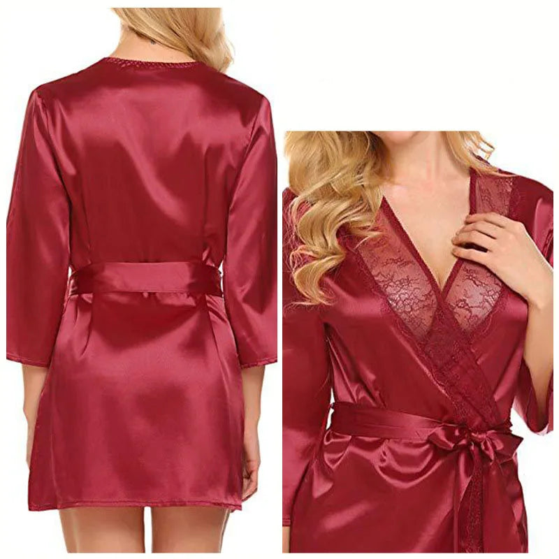 Bata de satén de encaje Sexy para mujer, ropa de dormir, camisón corto, Kimono, albornoz, lencería, camisón, vestido suave y cómodo negro de talla grande