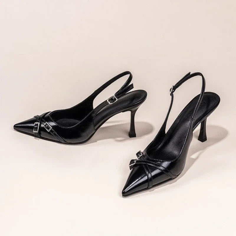 Nuevos zapatos de tacón alto con punta estrecha a la moda, zapatos de tacón alto con hebilla elegante decorada, zapatos de mujer negros de aguja NO: 602