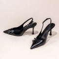 Nuevos zapatos de tacón alto con punta estrecha a la moda, zapatos de tacón alto con hebilla elegante decorada, zapatos de mujer negros de aguja NO: 602