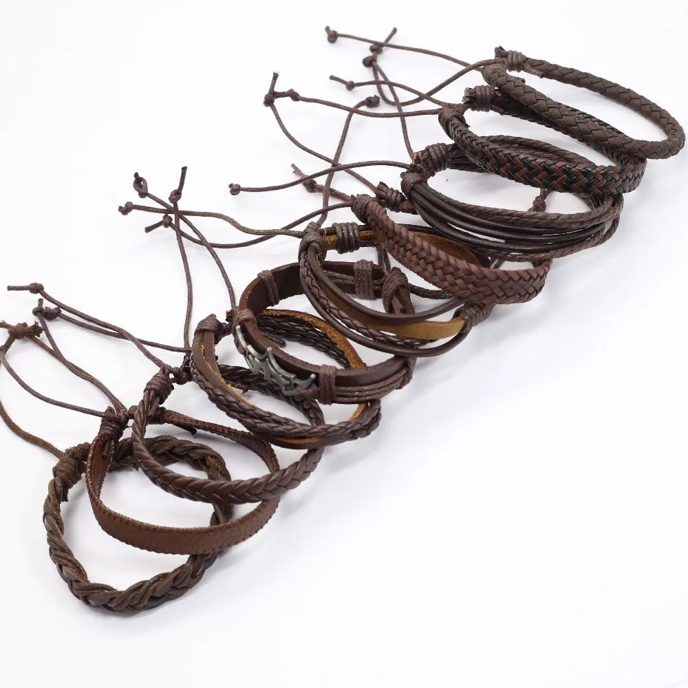 Juego de 10 Pulseras de Cuero Trenzado Negras, Hechas a Mano, para Hombre y Mujer, Pulseras de Moda, Joyería al por Mayor, Regalo