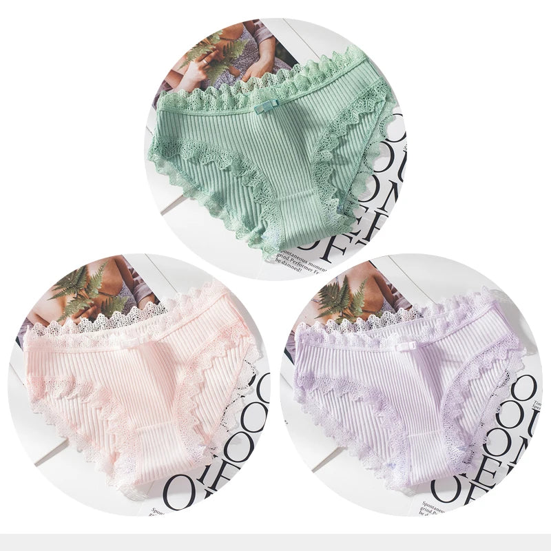 Bragas de algodón para mujer, bragas de encaje sexis, bragas de Color sólido para niñas, juego de ropa interior, ropa interior, Dropshipping 3 unids/lote