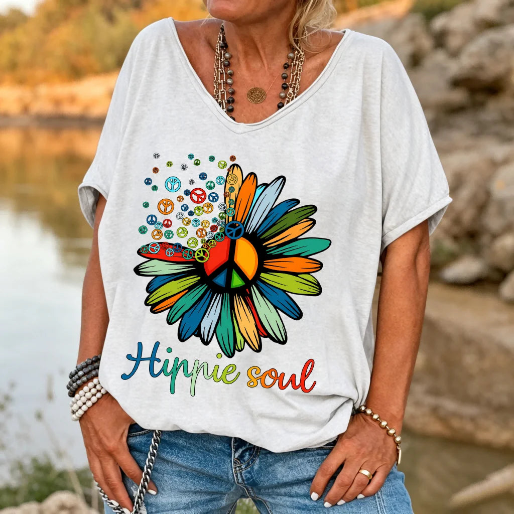 Camiseta Ilstile Hippie Soul Peace Daisy para mujer, estilo retro bohemio con estampado floral, cuello en V, manga corta, corte holgado, informal, para verano.