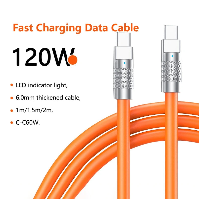 Nuevo Cable de Silicona Líquida Tipo C de Carga Súper Rápida PD de 120w 6A, Cable USB de Carga Rápida de 1M 1.5M 2M, Cable USB C a C