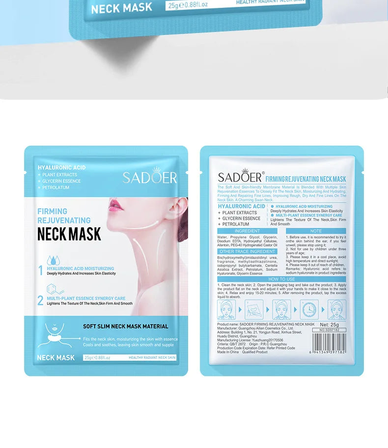 10 Uds SADOER ácido hialurónico máscara de cuello colágeno reafirmante máscaras de cuello nutritivo brillo belleza hidratante cuellos cuidado de la piel