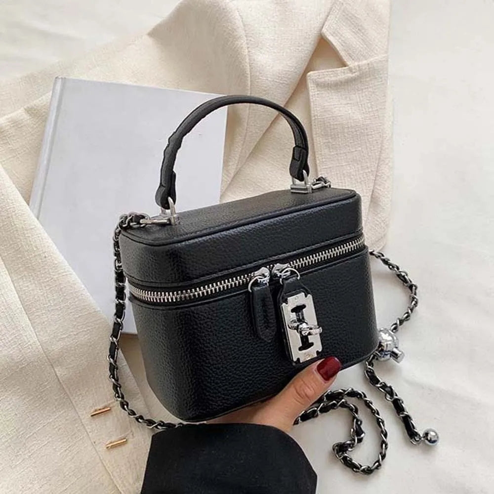 Bolso de mano cuadrado compacto con textura granulada, cierre de cremallera, estilo macaron, de cuero vegano, construcción sólida.