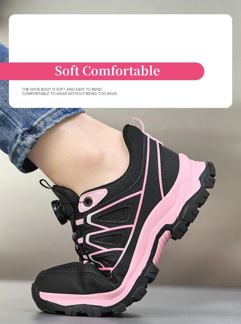 Zapatos de seguridad para el trabajo para mujer, zapatillas de trabajo con punta de acero, botón giratorio, transpirables, antideslizantes, protección a prueba de pinchazos, botas de seguridad rosas